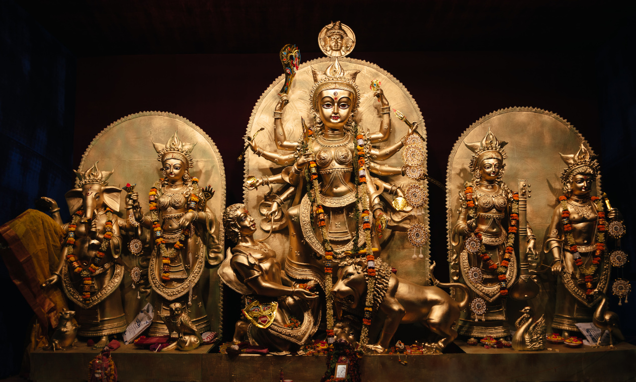 Statues of the Goddess Durga together with Ganesh, Lakshmi, Sarasvati and Kartik, being worshipped during Durga Puja, 2018