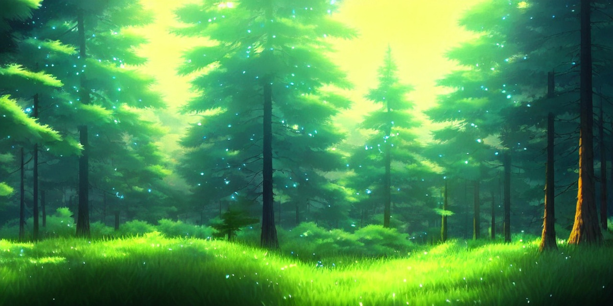 vivid green forest in anime style