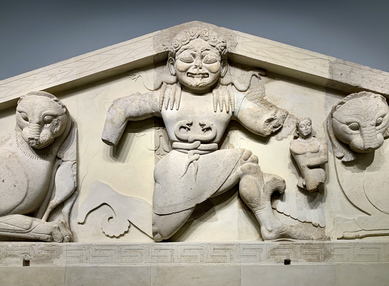 An archaic Gorgon (around 580 BC), as depicted on a pediment from the temple of Artemis in Corfu, on display at the Archaeological Museum of Corfu