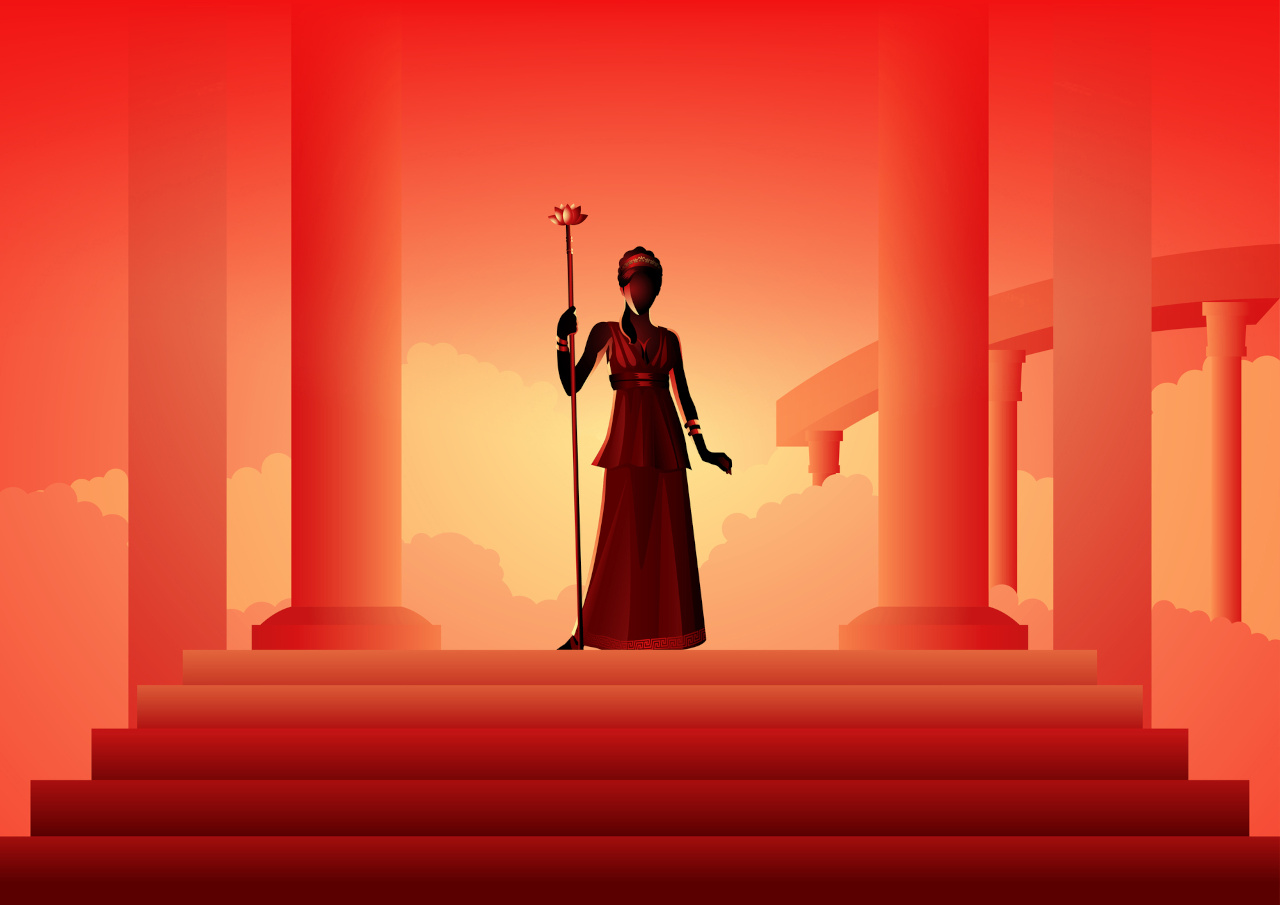 the greek goddess hera holding a lotus flower staff