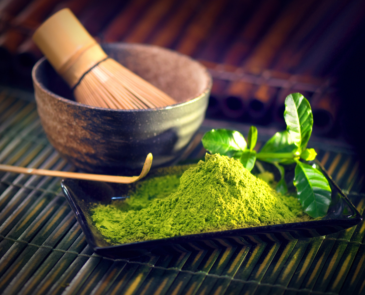 vivid green matcha on ceramic tray
