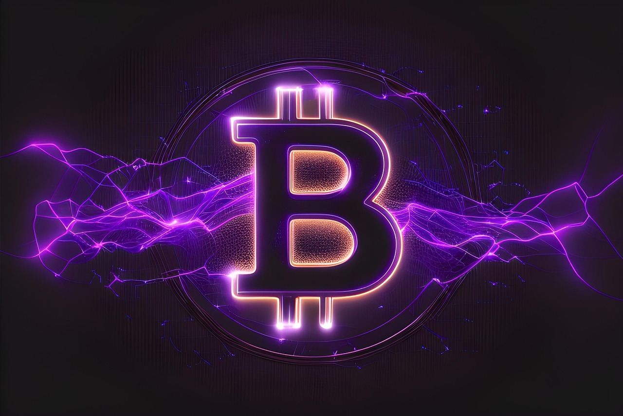 bitcoin surrounded by purple lightning