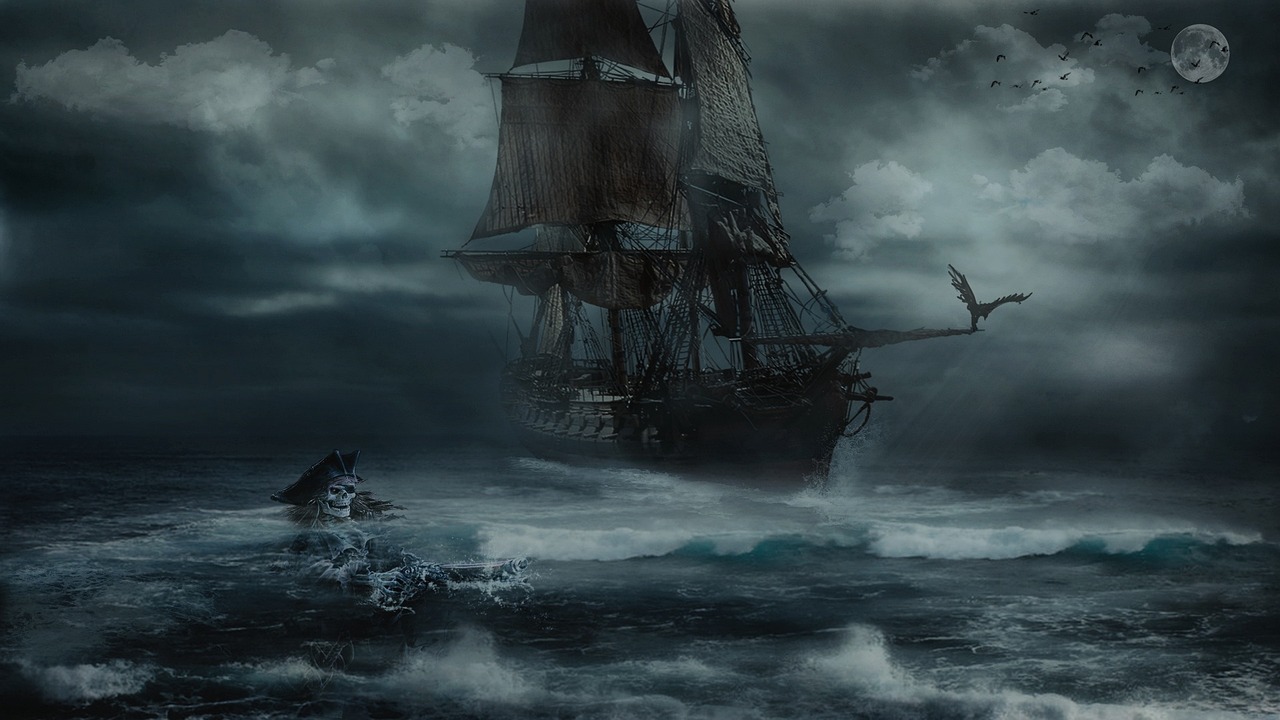 a pirate ship sailing through a storm and dark sky