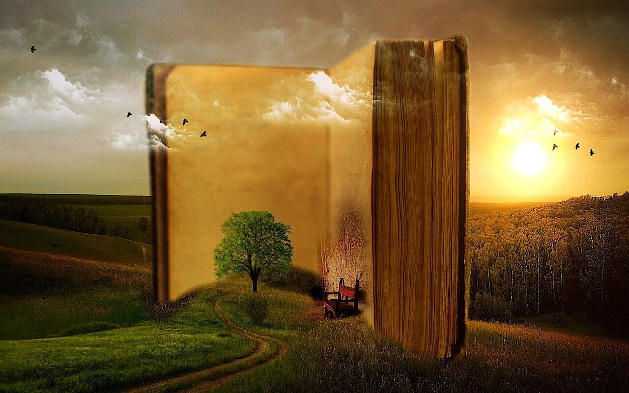 fantasy book scene in a field
