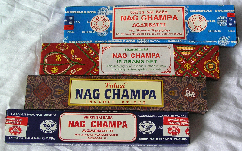packages of nag champa incense sticks from various brands