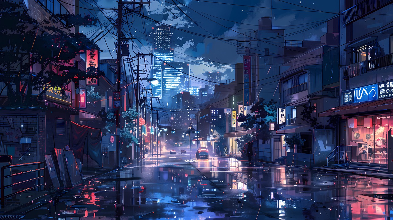 neo noir anime backdrop of an urban street