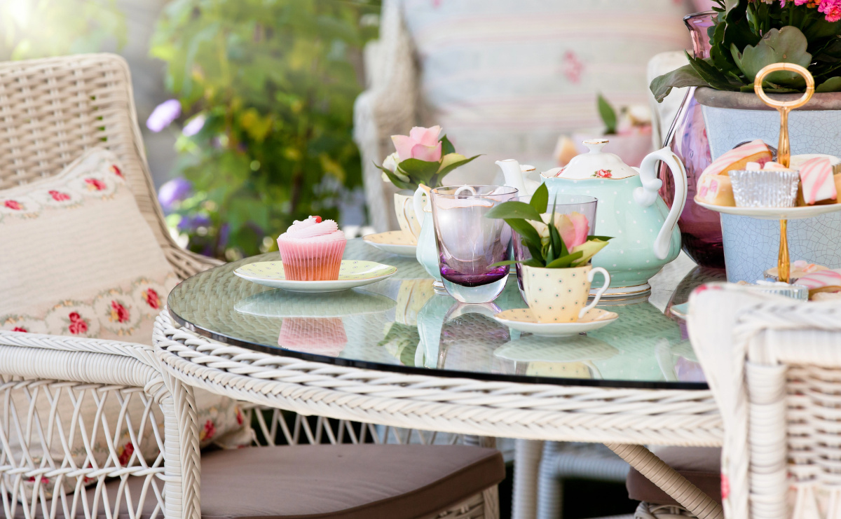 afternoon tea party with cakes in the garden