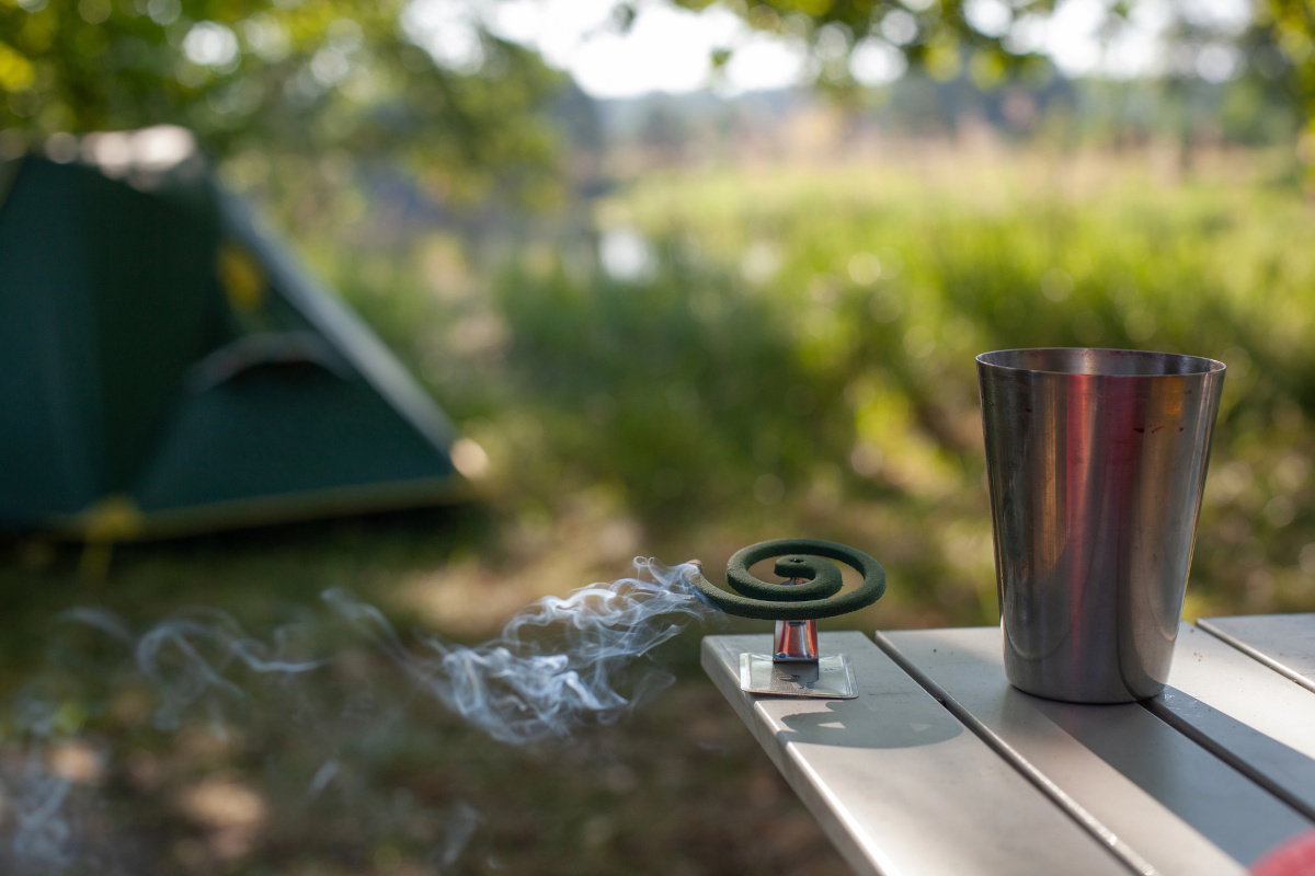 lit incense coil being used to keep mosquitoes away
