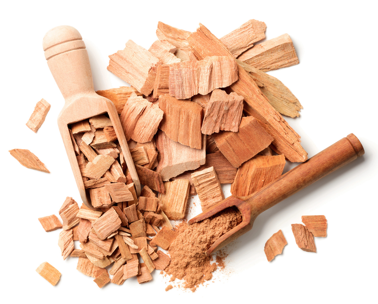 sandalwood sticks, chips, and powder isolated on white background