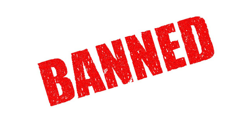 red banned text on white background
